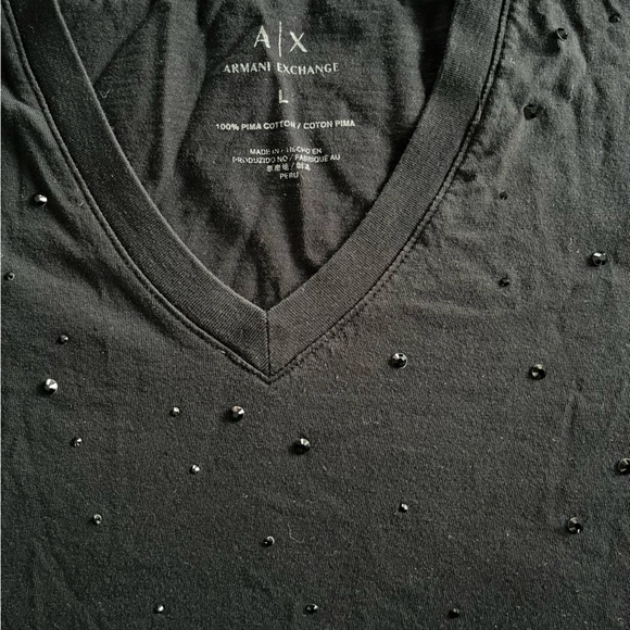 Luxury V Neck, Armani Exchange, Black T-shirt With Black Glitter Accents. - Picture 5 of 7